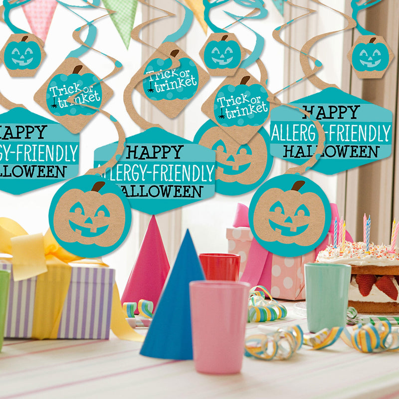 Teal Pumpkin - Halloween Allergy Friendly Trick or Trinket Hanging Decor - Party Decoration Swirls - Set of 40