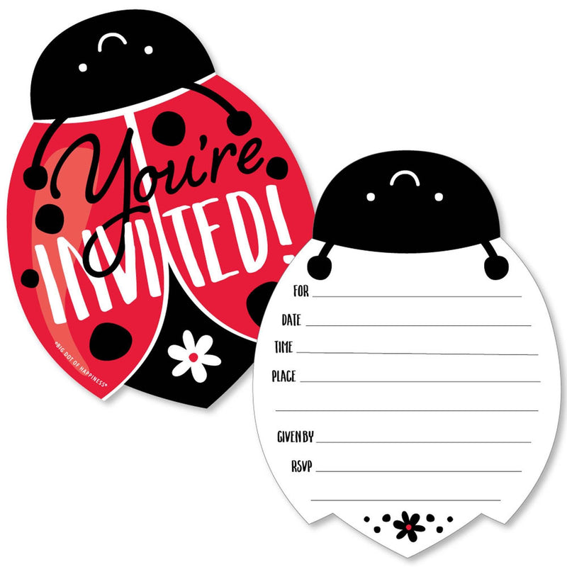 Happy Little Ladybug - Shaped Fill-In Invitations - Baby Shower or Birthday Party Invitation Cards with Envelopes - Set of 12