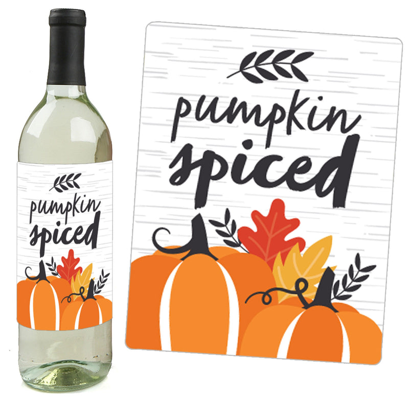 Fall Pumpkin - Halloween or Thanksgiving Party Decorations for Women and Men - Wine Bottle Label Stickers - Set of 4
