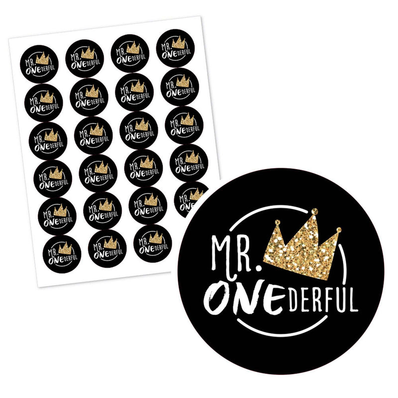 1st Birthday Little Mr. Onederful - Personalized Boy First Birthday Party Circle Sticker Labels - 24 Count