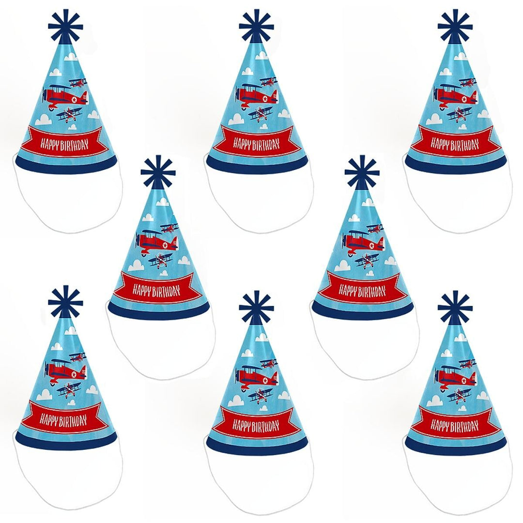 Taking Flight - Airplane - Cone Happy Birthday Party Hats for Kids and Adults - Set of 8 (Standard Size)