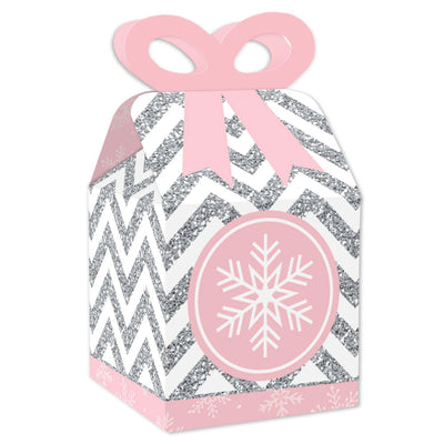 Pink Winter Wonderland - Square Favor Gift Boxes - Holiday Snowflake Birthday Party and Baby Shower Bow Boxes - Set of 12