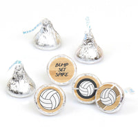 stickers designed for round candy labels with a volleyball theme, including designs such as a volleyball and the text 'BUMP SET SPIKE'.