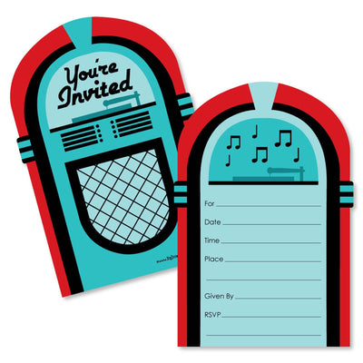 50's Sock Hop - Shaped Fill-In Invitations - 1950s Rock N Roll Party Invitation Cards with Envelopes - Set of 12