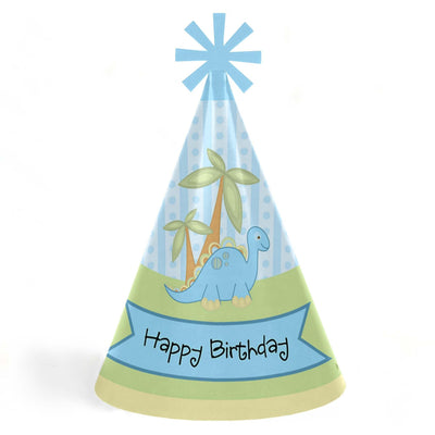Baby Boy Dinosaur - Cone Happy Birthday Party Hats for Kids and Adults - Set of 8 (Standard Size)