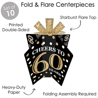 Adult 60th Birthday - Gold - Table Decorations - Birthday Party Fold and Flare Centerpieces - 10 Count