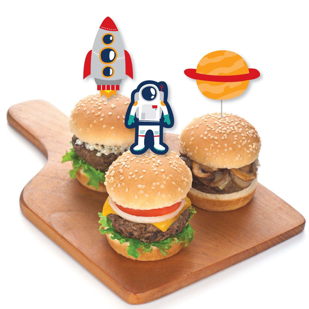 Blast Off to Outer Space - Dessert Cupcake Toppers - Rocket Ship Baby Shower or Birthday Party Clear Treat Picks - Set of 24
