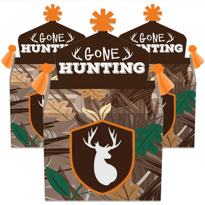 Gone Hunting - Treat Box Party Favors - Deer Hunting Camo Baby Shower or Birthday Party Goodie Gable Boxes - Set of 12