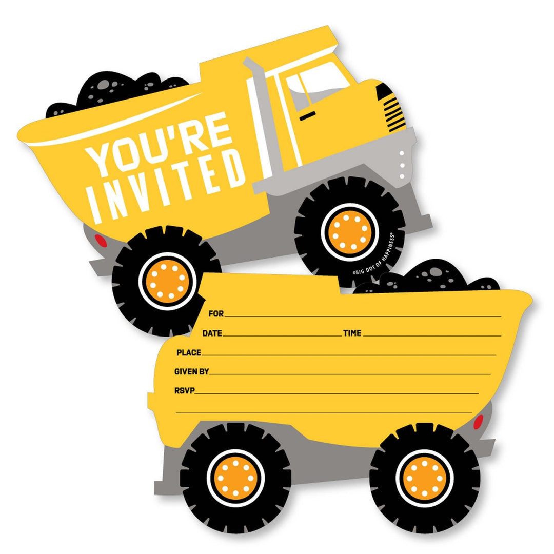 A set of party invitations featuring a yellow construction truck design with space for party details, accompanied by white envelopes.