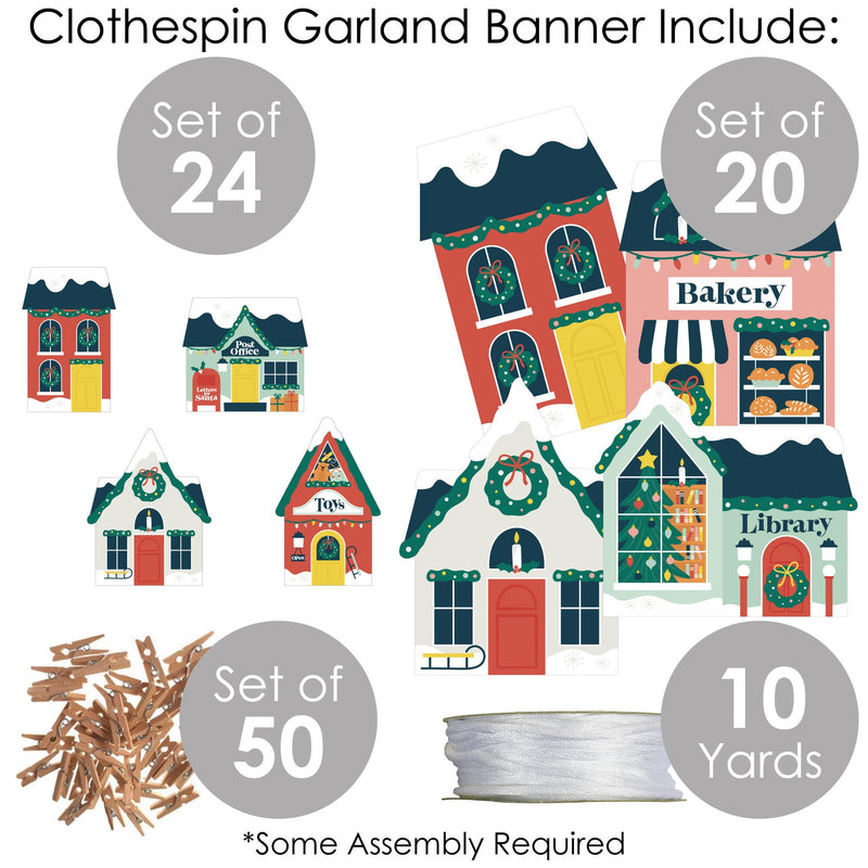 Christmas Village - Holiday Winter Houses DIY Decorations - Clothespin Garland Banner - 44 Pieces