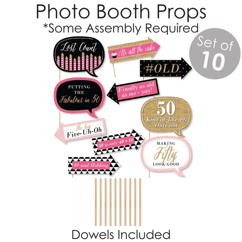 Chic 50th Birthday - Pink, Black and Gold - Banner and Photo Booth Decorations - Birthday Party Supplies Kit - Doterrific Bundle