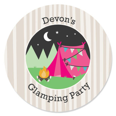 Let's Go Glamping - Personalized Camp Glamp Party or Birthday Party Circle Sticker Labels - 24 ct