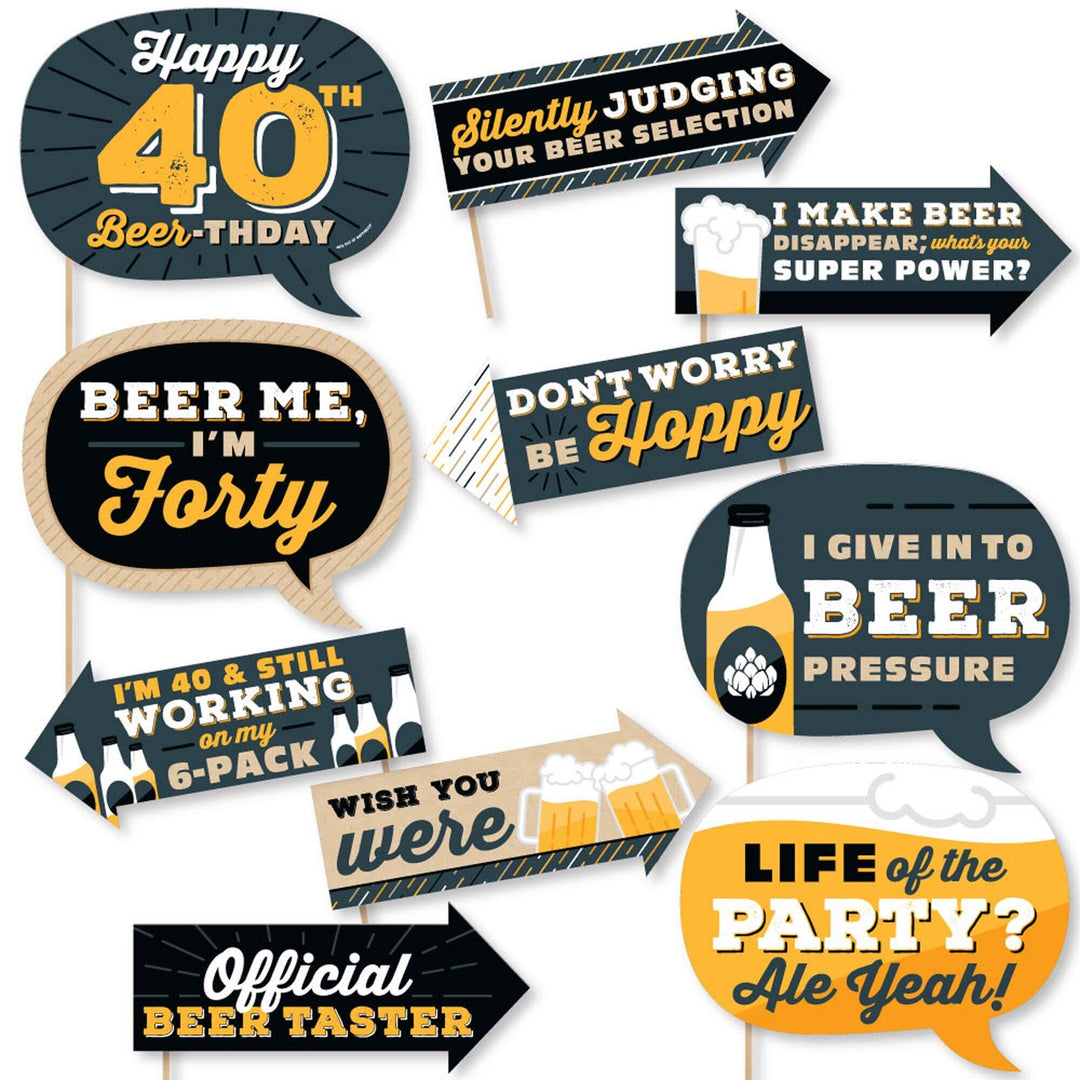 Funny Cheers and Beers to 40 Years - 40th Birthday Party Photo Booth Props Kit - 10 Piece