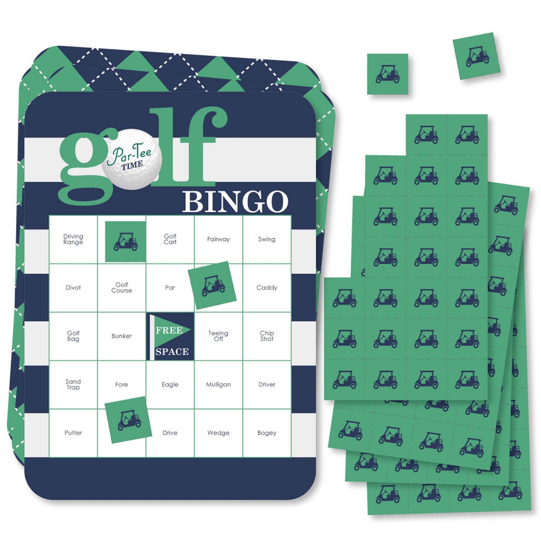 A set of golf-themed bingo cards and markers. The cards are rectangular with a golf ball and tee design, and the markers are perforated with a green color and golf elements.