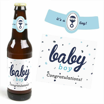 Hello Little One - Blue and Silver - Six Beer Bottle Label Stickers and 1 Carrier - Boy Baby Gift