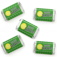 Multiple mini candy bar wrappers with a green and white color scheme and tennis ball graphics, labeled 'YOU GOT SERVED!'.
