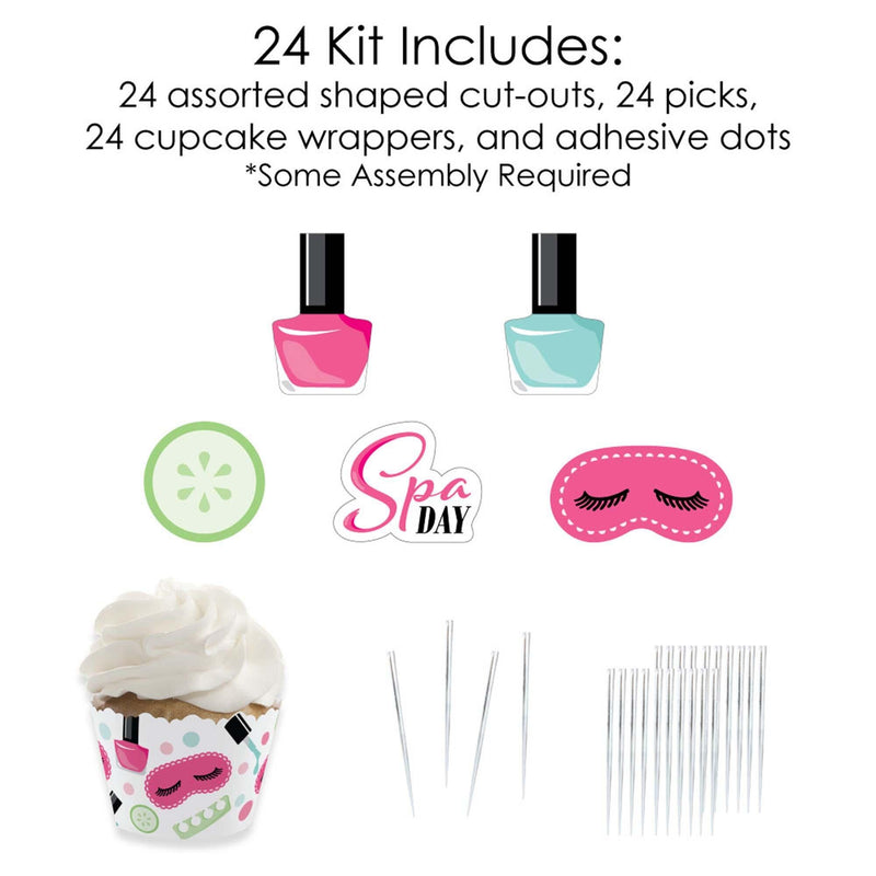 Spa Day - Cupcake Decoration - Girls Makeup Party Cupcake Wrappers and Treat Picks Kit - Set of 24