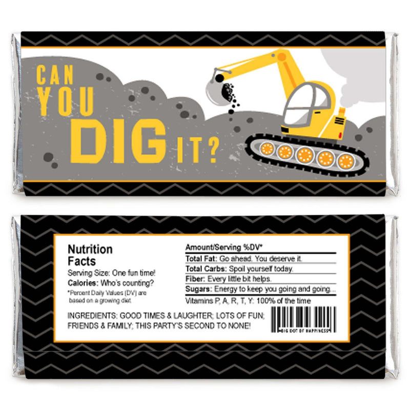 Dig It - Construction Party Zone - Candy Bar Wrapper Baby Shower or Birthday Party Favors - Set of 24