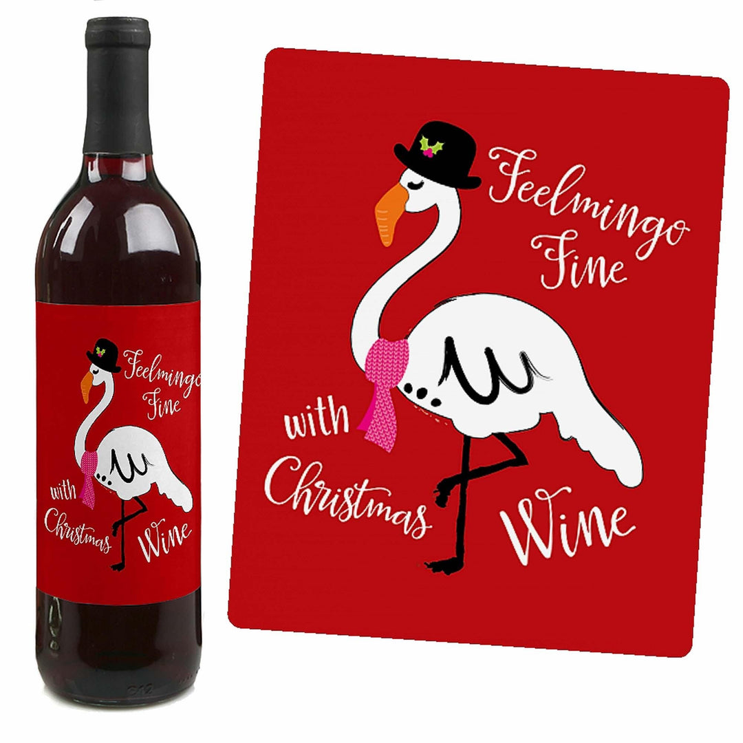 Flamingle Bells - Tropical Flamingo Christmas Decorations for Women and Men - Wine Bottle Label Stickers - Set of 4