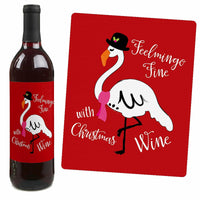 Flamingle Bells - Tropical Flamingo Christmas Decorations for Women and Men - Wine Bottle Label Stickers - Set of 4