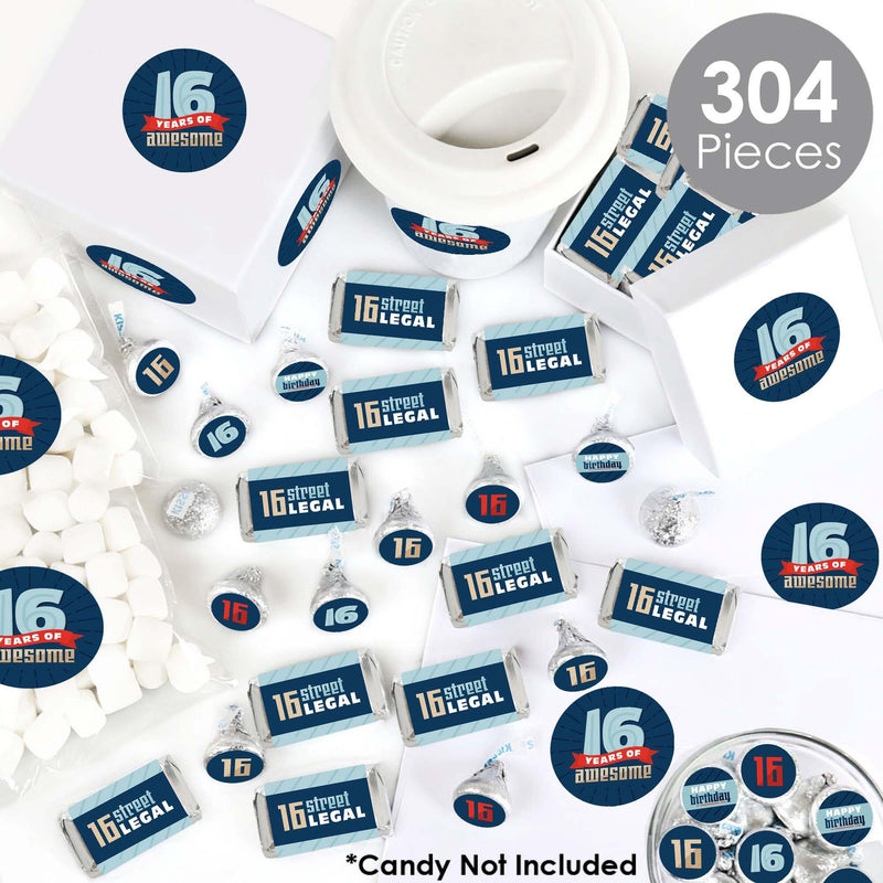 Boy 16th Birthday - Mini Candy Bar Wrappers, Round Candy Stickers and Circle Stickers - Sweet Sixteen Birthday Party Candy Favor Sticker Kit - 304 Pieces
