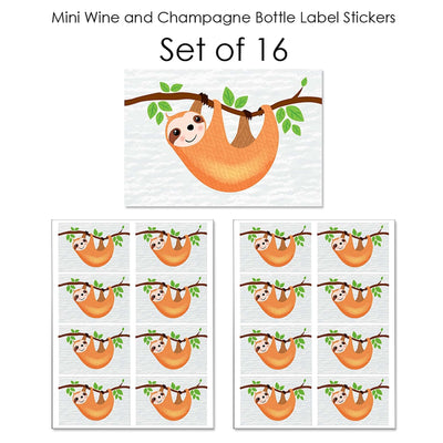 Let's Hang - Sloth - Mini Wine and Champagne Bottle Label Stickers - Baby Shower or Birthday Party Favor Gift for Women and Men - Set of 16