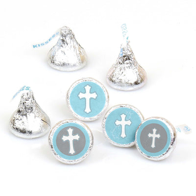 Little Miracle Boy Blue & Gray Cross - Round Candy Labels Party Favors - Fits Hershey's Kisses - 108 ct