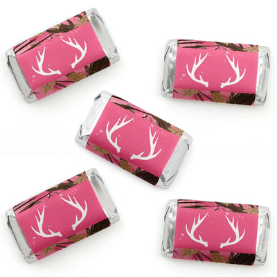 Pink Gone Hunting - Mini Candy Bar Wrapper Stickers - Deer Hunting Girl Camo Baby Shower or Birthday Party Small Favors - 40 Count
