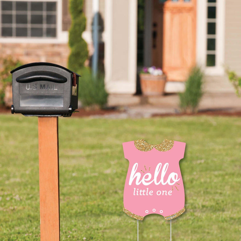 Hello Little One - Pink and Gold - Outdoor Lawn Sign - Girl Baby Shower Yard Sign - 1 Piece