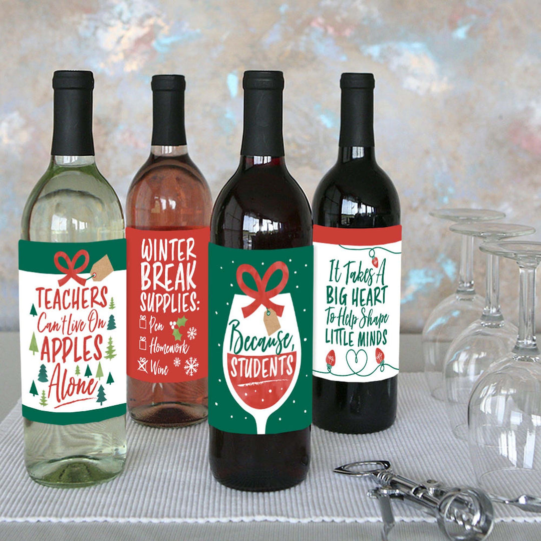 Teacher Holiday Presents - Teacher Appreciation Christmas Gifts Decorations for Women and Men - Wine Bottle Label Stickers - Set of 4