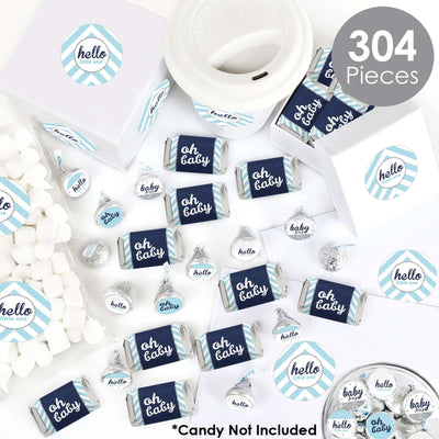 Hello Little One - Blue and Silver - Mini Candy Bar Wrappers, Round Candy Stickers and Circle Stickers - Boy Baby Shower Candy Favor Sticker Kit - 304 Pieces