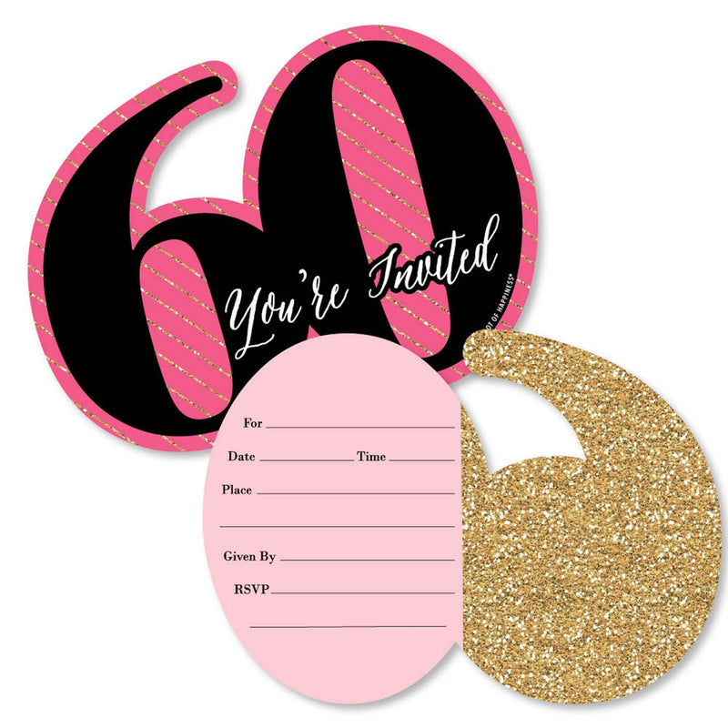 Chic 60th Birthday - Pink, Black and Gold - Shaped Fill-In Invitations - Birthday Party Invitation Cards with Envelopes - Set of 12