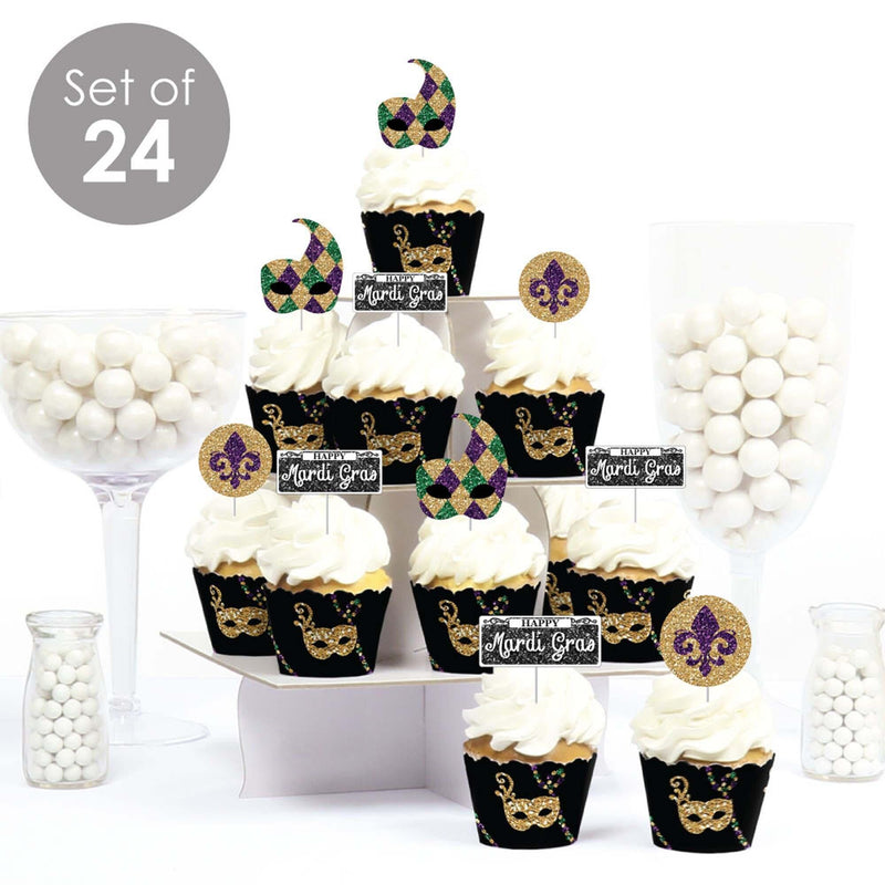 Mardi Gras - Cupcake Decoration - Masquerade Party Cupcake Wrappers and Treat Picks Kit - Set of 24