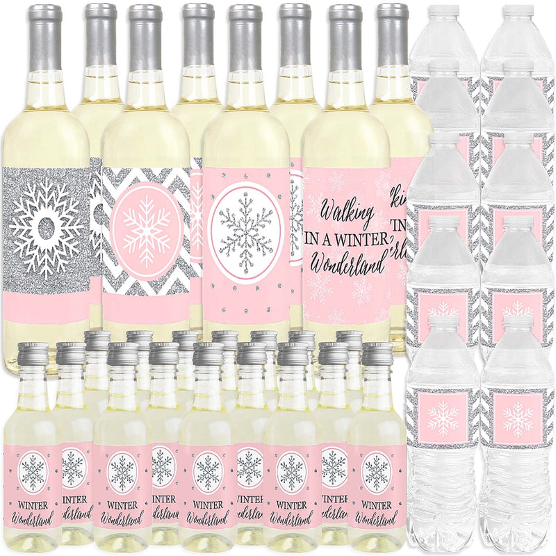 Pink Winter Wonderland - Mini Wine Bottle Labels, Wine Bottle Labels and Water Bottle Labels - Holiday Snowflake Birthday Party and Baby Shower Decorations - Beverage Bar Kit - 34 Pieces