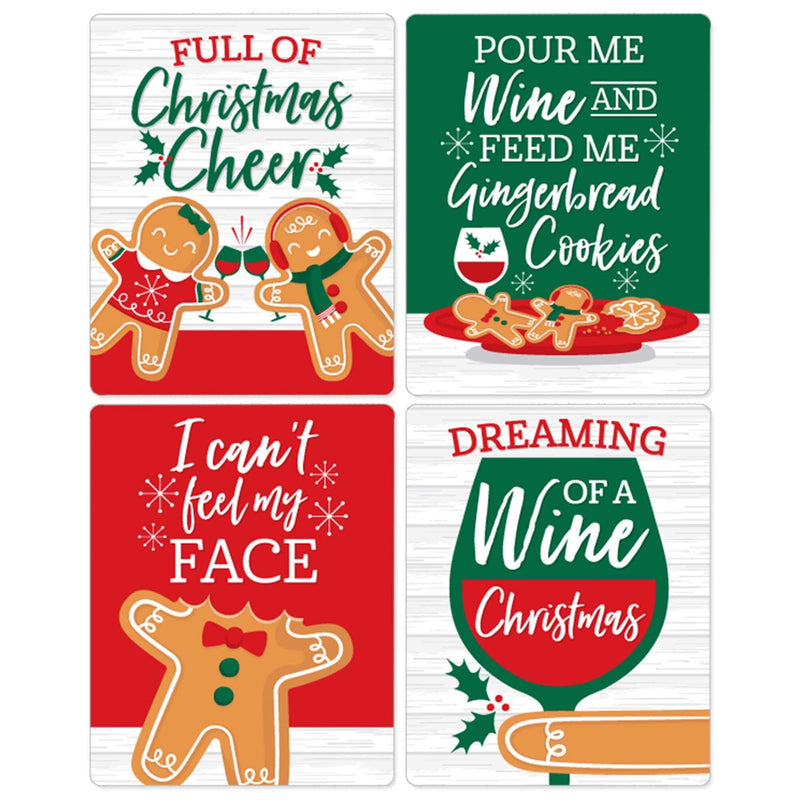 Gingerbread Christmas - Gingerbread Man Holiday Party Decorations for Women and Men - Wine Bottle Label Stickers - Set of 4