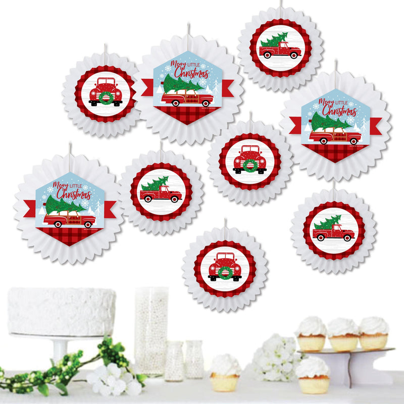 Merry Little Christmas Tree - Hanging Red Truck and Car Christmas Party Tissue Decoration Kit - Paper Fans - Set of 9