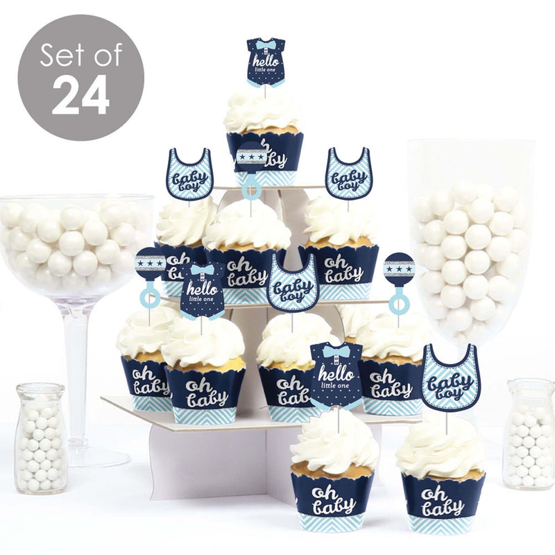 Hello Little One - Blue and Silver - Cupcake Decorations - Boy Baby Shower Cupcake Wrappers and Treat Picks Kit - Set of 24