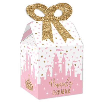 Little Princess Crown - Square Favor Gift Boxes - Pink and Gold Princess Baby Shower or Birthday Party Bow Boxes - Set of 12