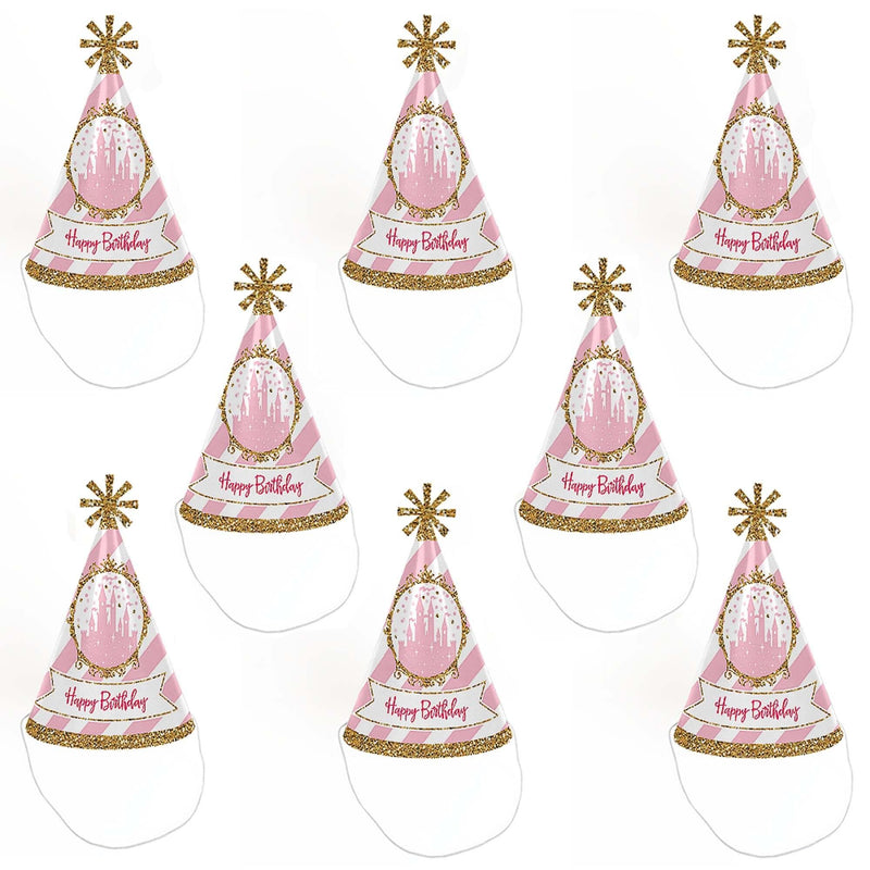 Little Princess Crown - Cone Pink and Gold Princess Happy Birthday Party Hats for Kids and Adults - Set of 8 (Standard Size)