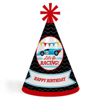 A cone-shaped birthday party hat with a racecar theme, featuring a multicolored design and the text 'Let's Go Racing! Happy Birthday' at the base.