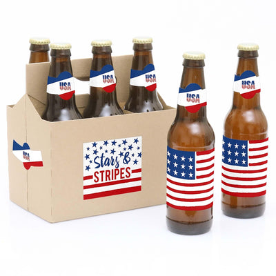 Stars & Stripes - Memorial Day, 4th of July and Labor Day USA Patriotic Party - Decorations for Women and Men - 6 Beer Bottle Label Stickers 1 Carrier