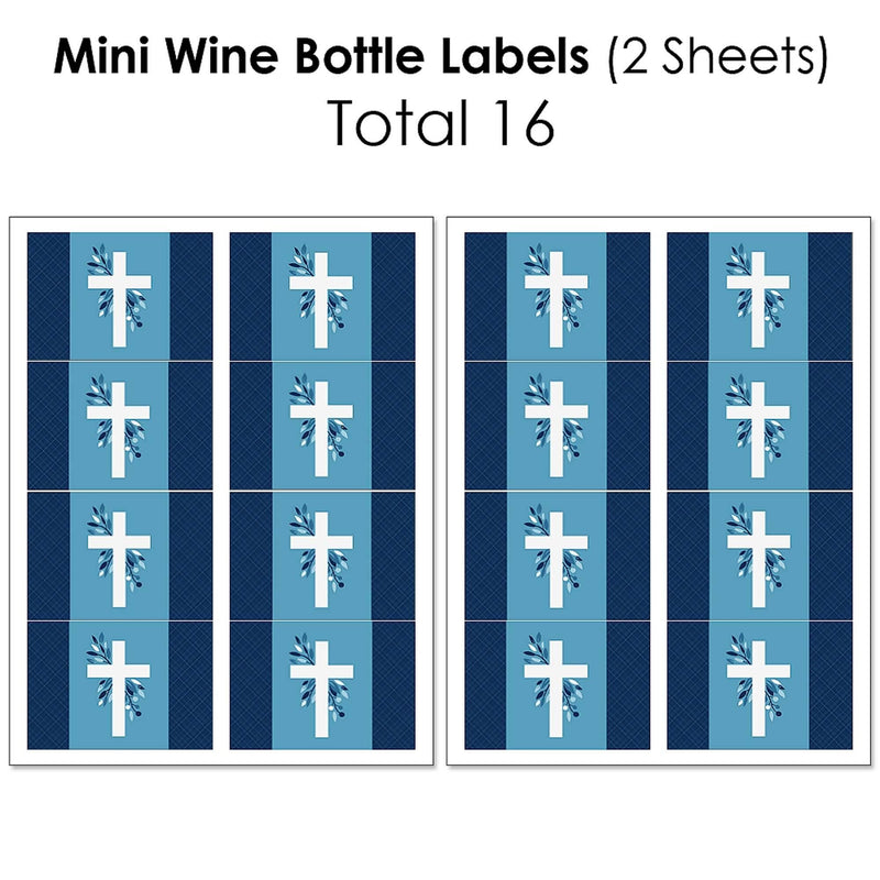 Blue Elegant Cross - Mini Wine Bottle Labels, Wine Bottle Labels and Water Bottle Labels - Boy Religious Party Decorations - Beverage Bar Kit - 34 Pieces