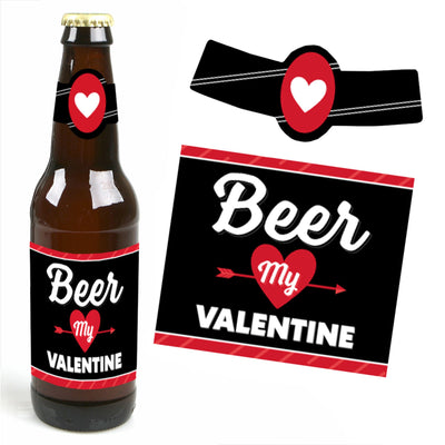 Happy Valentine's Day - Valentine Hearts Party Decorations for Women and Men - 6 Beer Bottle Label Stickers and 1 Carrier