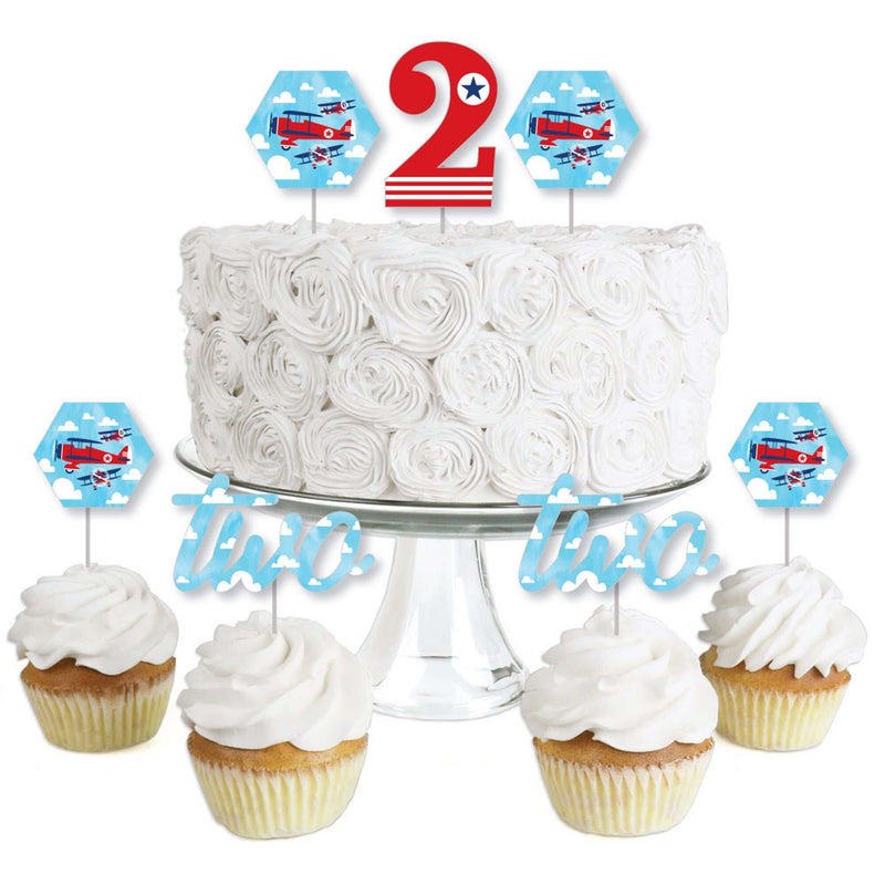 2nd Birthday Taking Flight - Airplane - Dessert Cupcake Toppers - Vintage Plane Second Birthday Party Clear Treat Picks - Set of 24