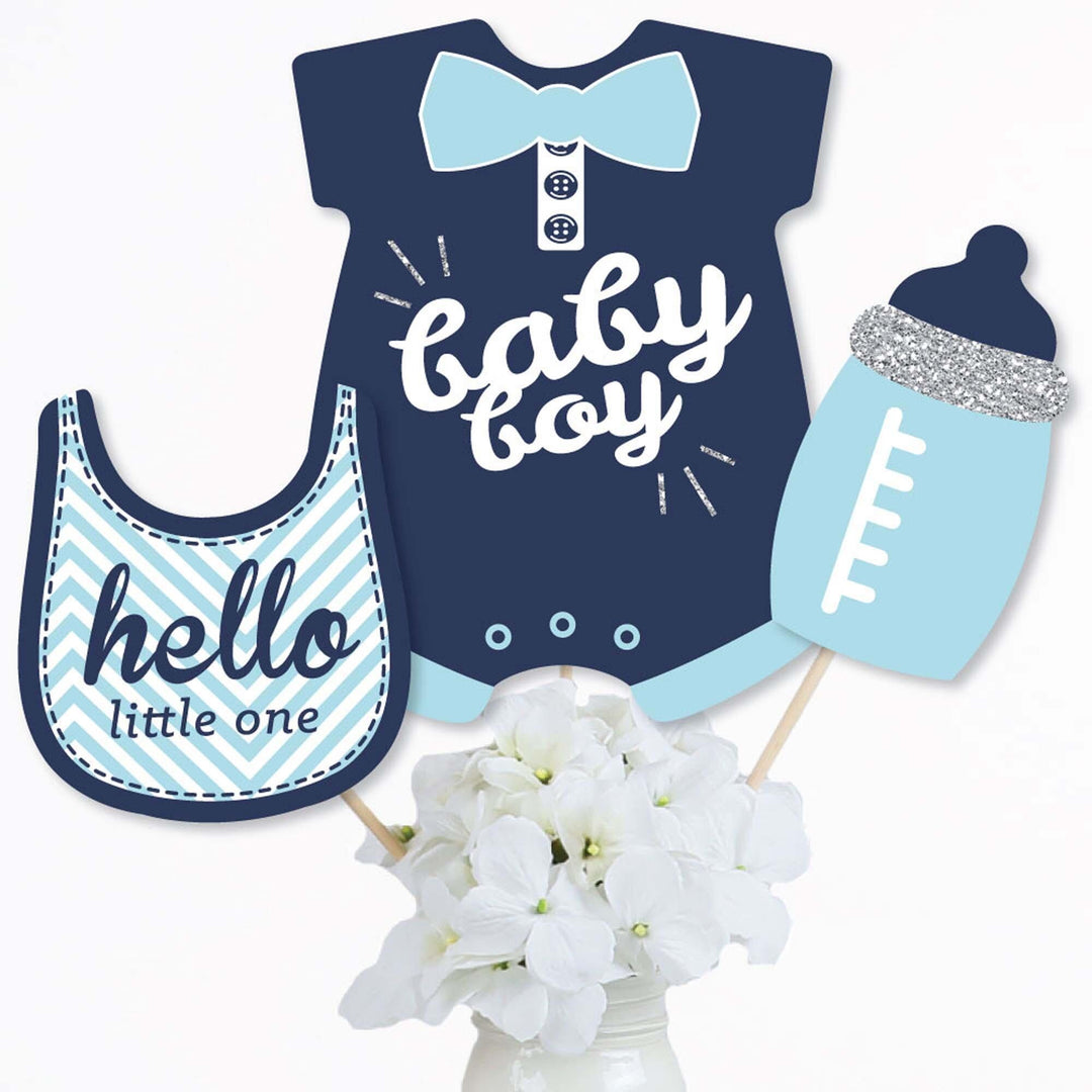 Hello Little One - Blue and Silver - Boy Baby Shower Party Centerpiece Sticks - Table Toppers - Set of 15