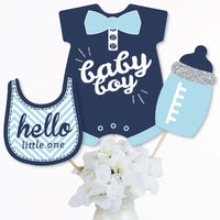 Hello Little One - Blue and Silver - Boy Baby Shower Party Centerpiece Sticks - Table Toppers - Set of 15