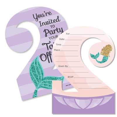 2nd Birthday Let's Be Mermaids - Shaped Fill-In Invitations - Second Birthday Party Invitation Cards with Envelopes - Set of 12