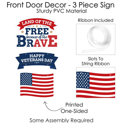 Happy Veterans Day - Hanging Porch Patriotic Outdoor Decorations - Front Door Decor - 3 Piece Sign
