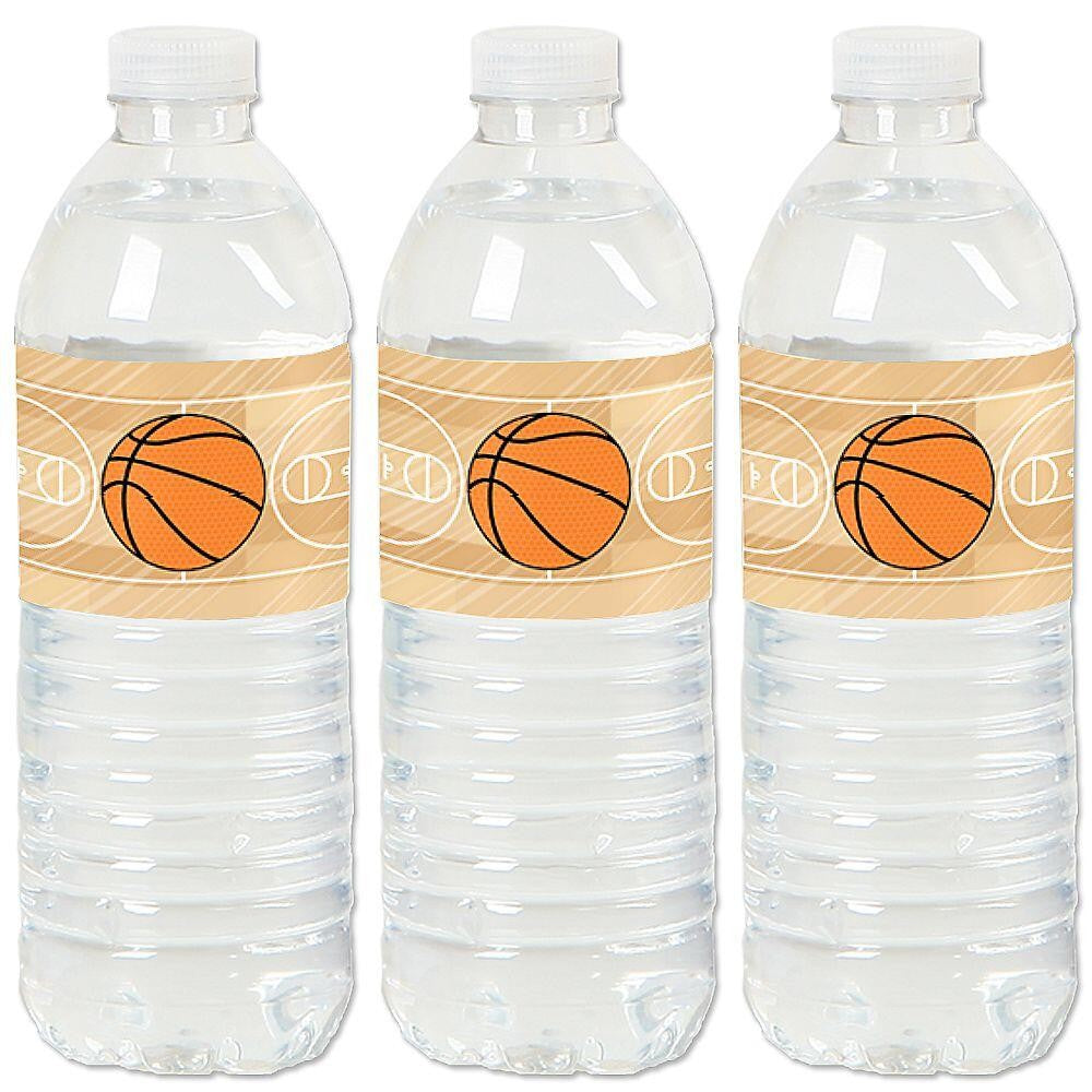Three water bottles with orange and white basketball-themed sticker labels.