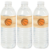 Three water bottles with orange and white basketball-themed sticker labels.